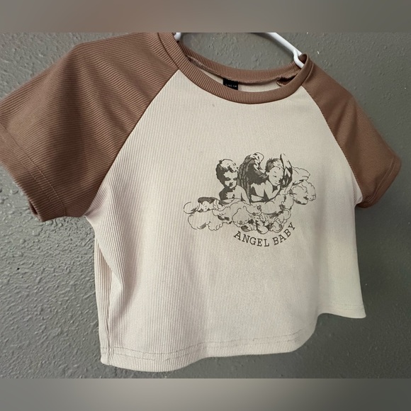 SHEIN Angel Print Tan and Brown Raglan Sleeve Crop Top Tee Size M - Picture 2 of 9